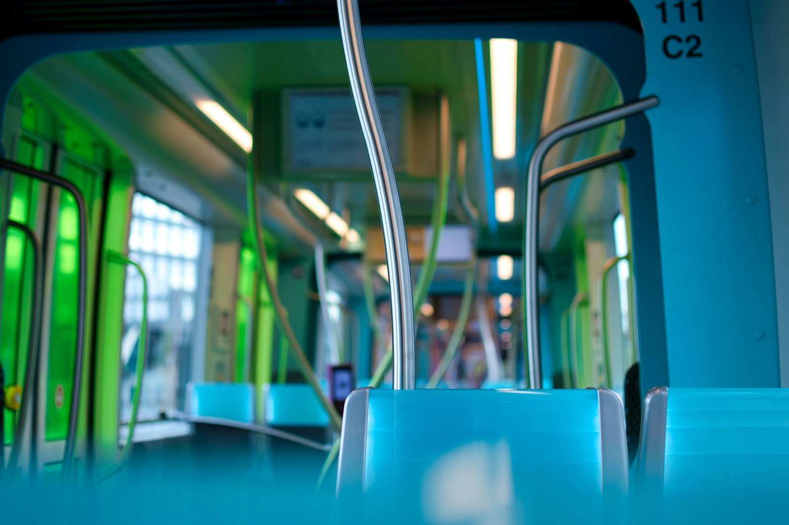 Bright passenger interior of a modern tram
