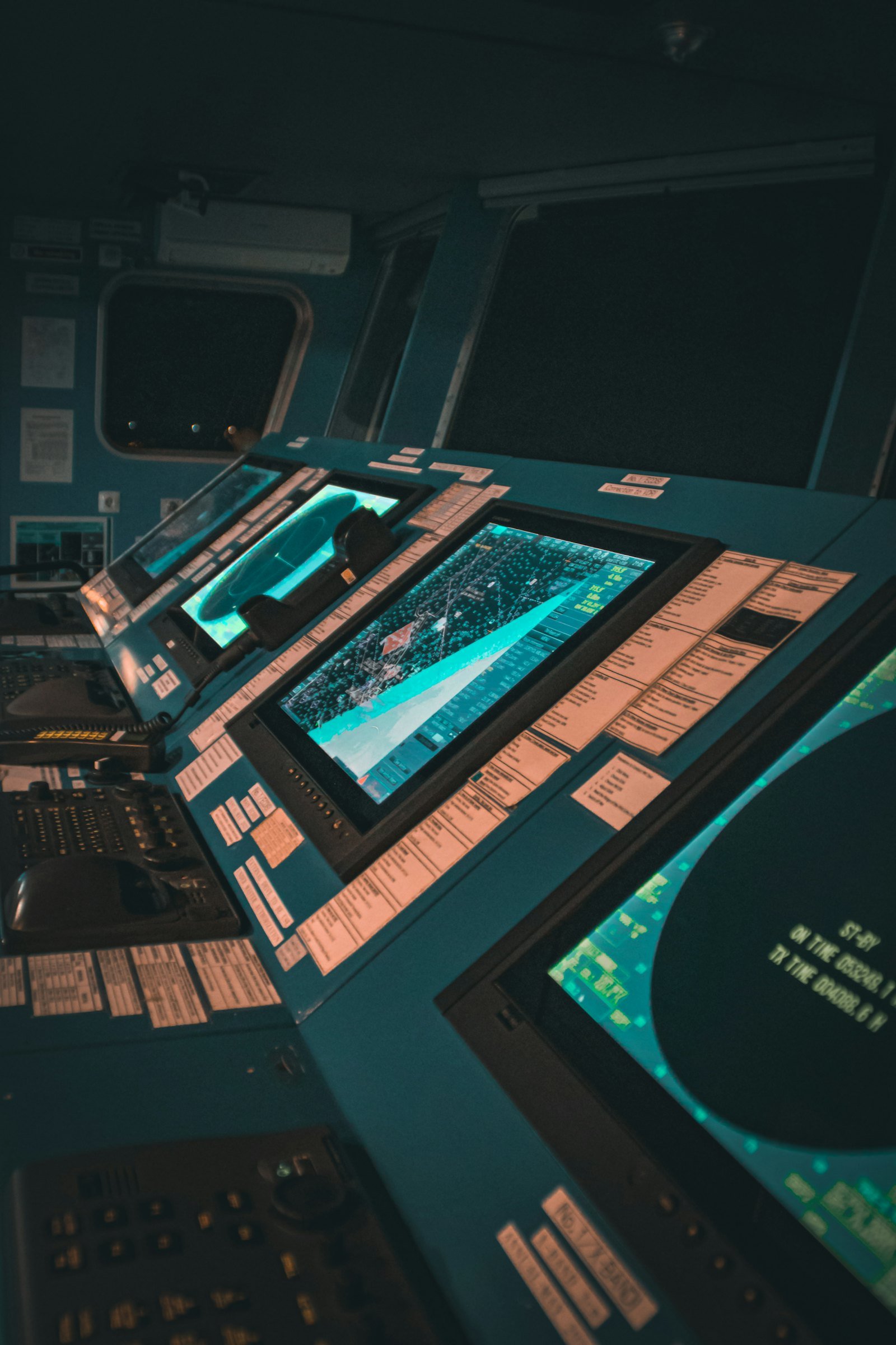 Navigation displays and controls on a ship's bridge